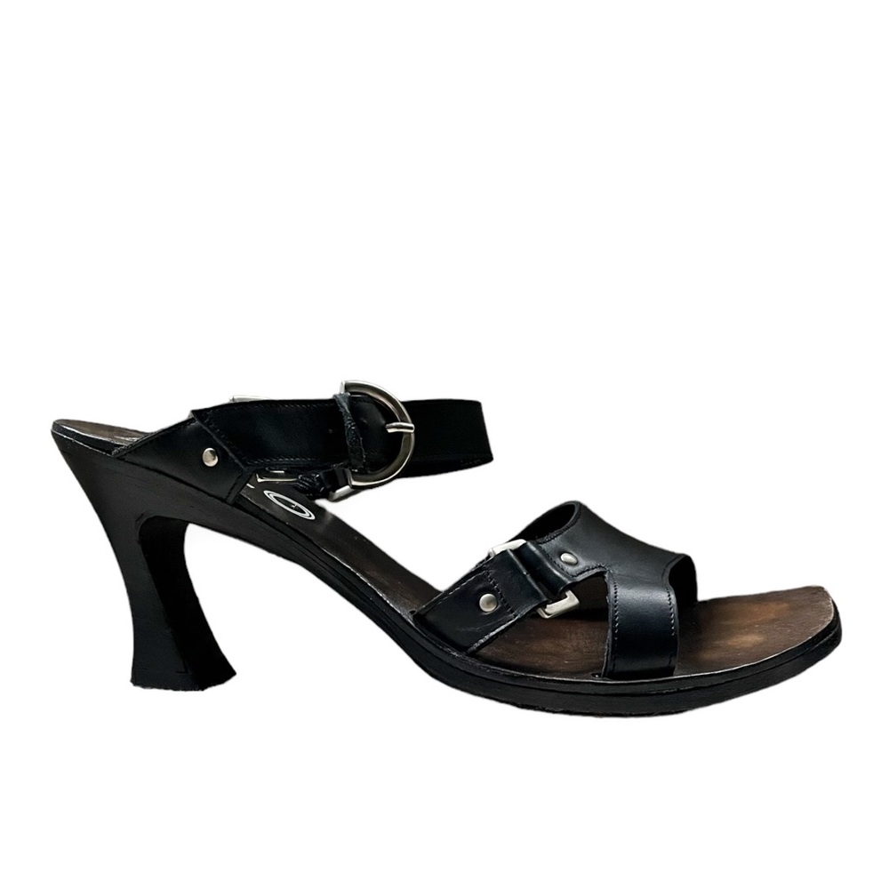 HALO Brand Wooden Heel Black Leather Sandals Mules, sz 7, Made in Italy - Picture 5 of 14